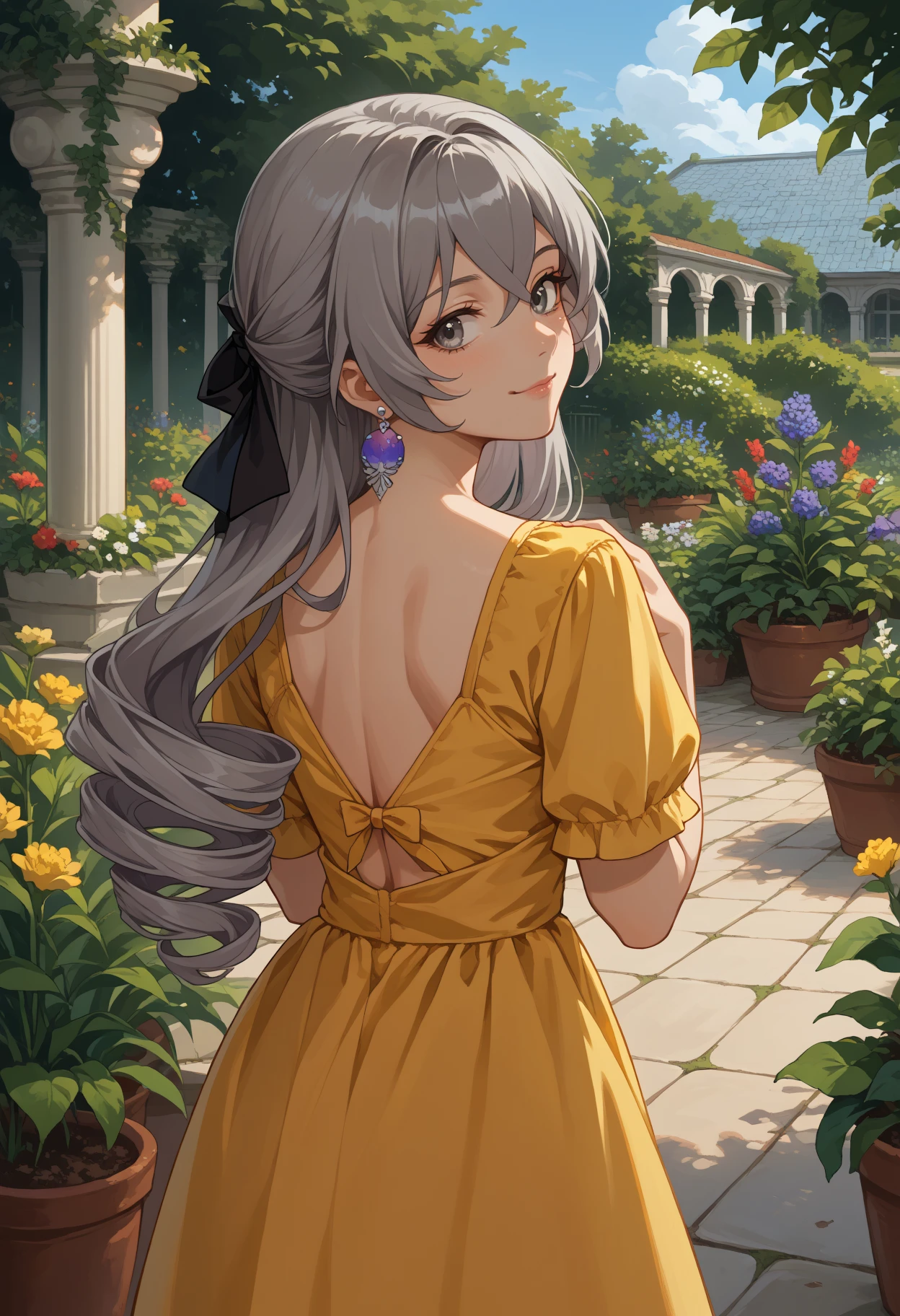 score_9, score_8_up, source_anime, 1girl, solo, BronyaRand, grey eyes, grey hair, long hair, drill hair, hair bow, black bow, earrings, from behind, yellow sundress, garden, day, sunshine, smile, looking back, <lora:ChamBronyaRandPonyXL:1>