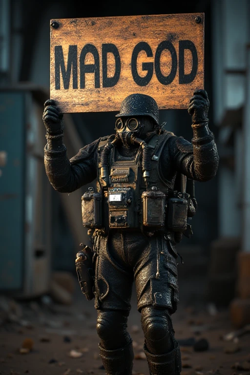 (masterpiece, best quality), extreme detail, highly intricate design, mad god, stop motion, a hyper detailed cinematic shot of a solder with a gas mask and goggles holding up a sign with english text that reads "MAD GOD", uhdr, volumetric lighting, deep depth of field