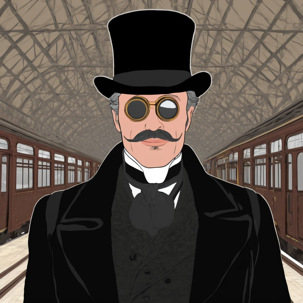 sfw, masterpiece, best quality,absurderes,cel shading,cropped,close-up,portrait of a man with a monocle and a top hat in a train station, <lora:SDXLCelShading:1>