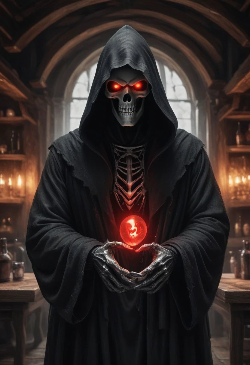 masterpiece, best quality, ultra-detailed, very aesthetic, perfect composition, intricate details, absurdres. 
BREAK,
1boy,  (Grim Reaper:1.5), (red glowing eyes), boney hands, (skull face), 
Break, 
Wearing black hooded robe, old tattered robe, 
Break, 
Standing in old tavern, 
Break, 
Looking at viewer, (front view:1.3), (head and chest focus), 
Break,
(Old tavern background), 
Break, 
(Fantasy, fairytale, dark moody, gloomy, dark picture, high contrast, stylized.), (painstakingly detailed), (realistic-photo),