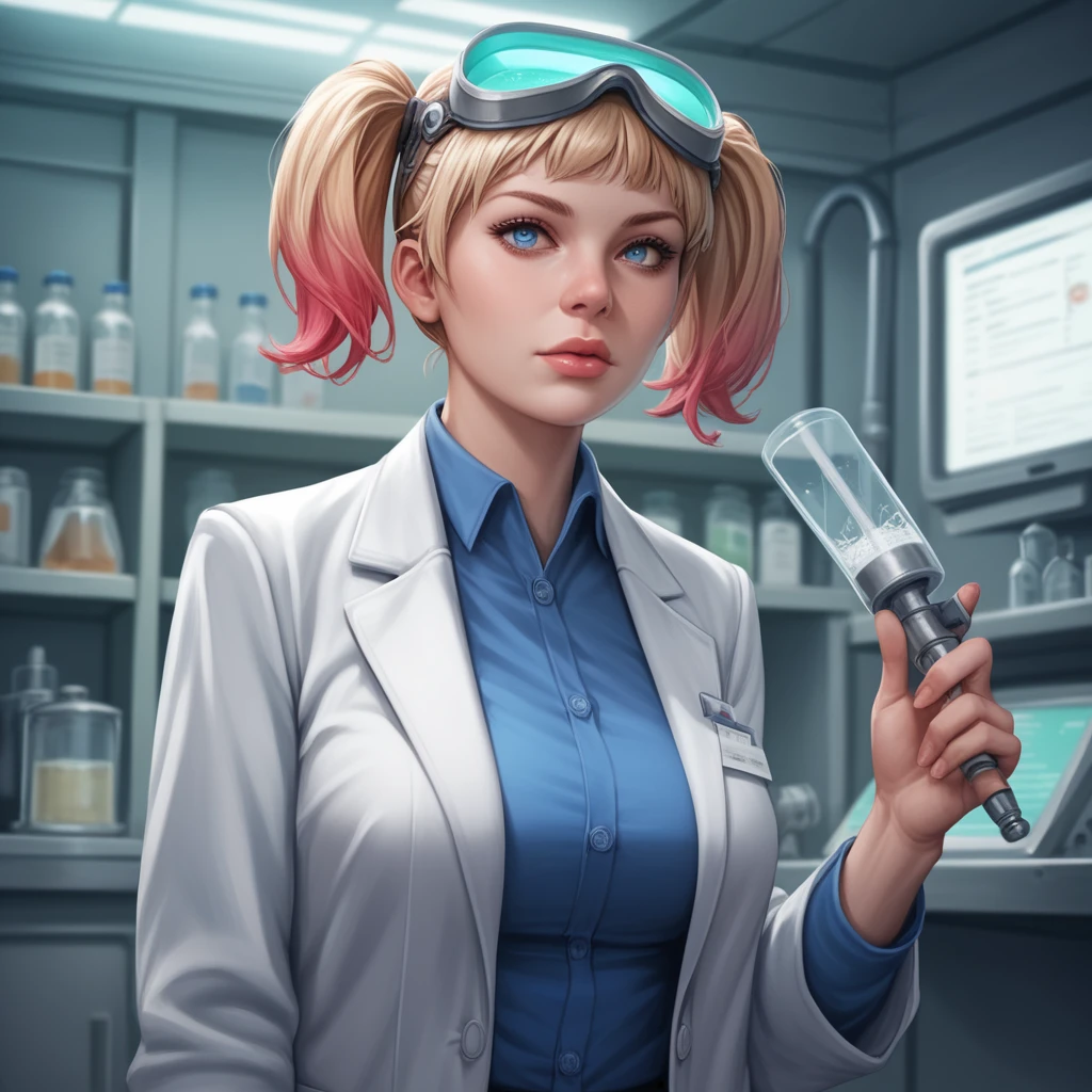 uncensored, score_9, score_8_up, score_7_up, score_6_up, score_5_up, score_4_up, 1girl, large breasts, a woman working in a modern laboratory, surrounded by scientific equipment, wearing a lab coat and safety goggles, business suit, focused on her research, bright and clean environment, high detail, cinematic lighting, digital painting, by Artgerm and James Gurney, 4k resolution, masterpiece, 
<lora:StellaComposite_NotARealPerson_v2.0_PDXL:0.8> stellacomposite, realistic, lips, multicolored hair, short twintails hair style, Blue colored eyes,,