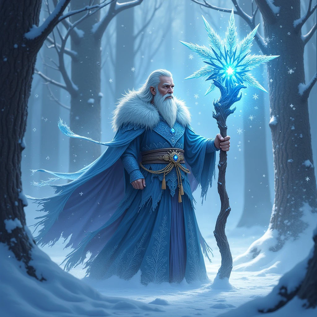 a brilliant frost mage wielding a beautifully carved wooden staff adorned with intricate frost patterns, surrounded by swirling icy winds and shimmering snowflakes, deep in an enchanted winter forest, ethereal glow emanating from the staff, detailed character design by alphonse mucha, magical realism, vibrant colors, trending on artstation, deviantart, 4K UHD image