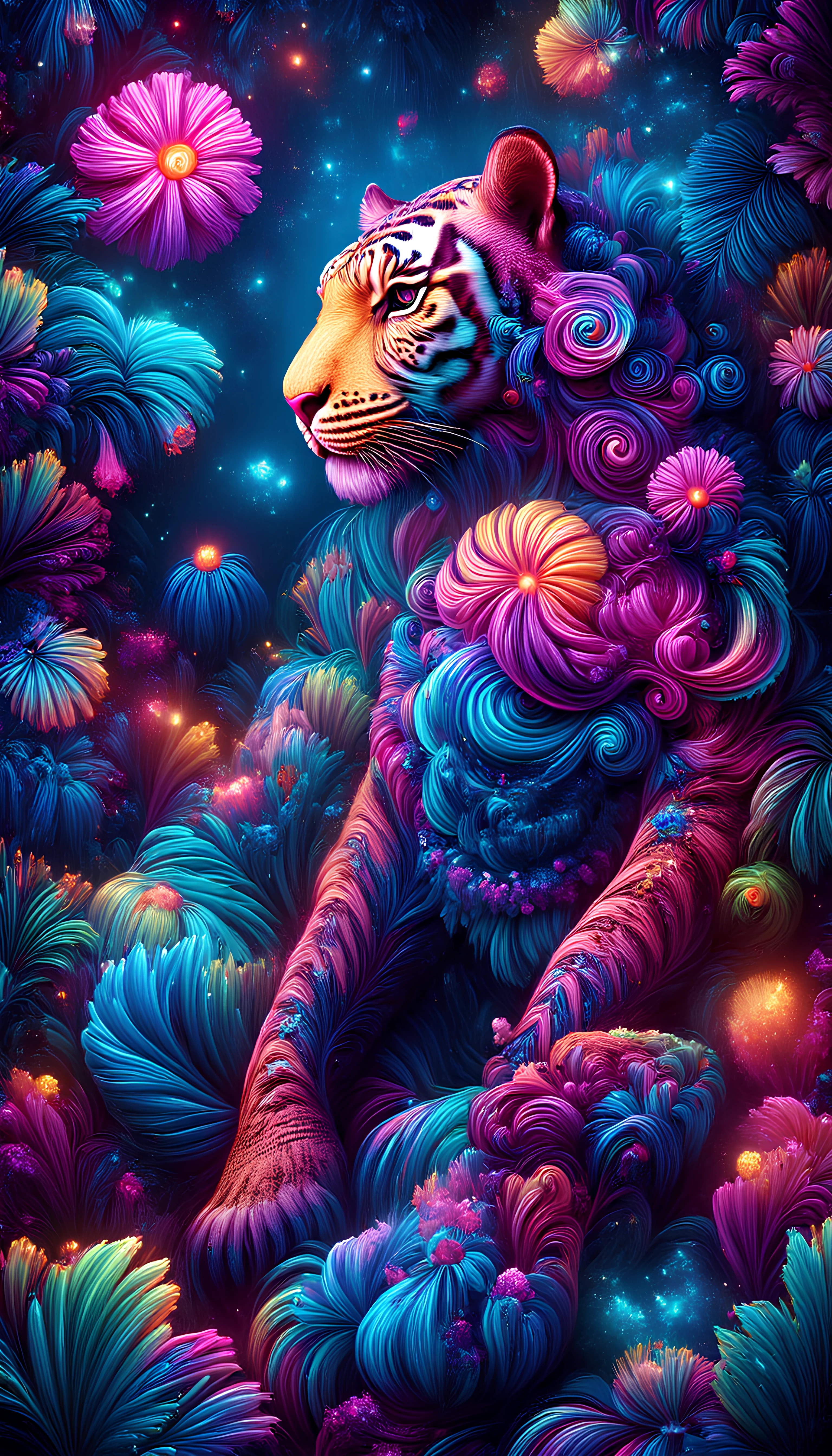 A majestic tiger with a flowing, psychedelic mane of swirling colors, lounging in a magical jungle. The tigerâs fur is patterned with neon fractals, and its eyes are deep, hypnotic spirals. The dense forest around is filled with glowing, oversized flowers and plants, all pulsating with an enchanting light. psydreamer