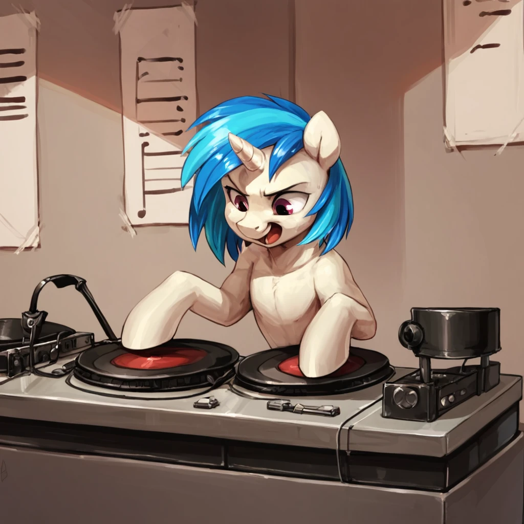 Solo, score_9,score_8_up,score_7_up, source_cartoon, source_furry, vinyl scratch mlp, Anthro furry unicorn, female, naked, cutie mark, wearing sunglasses, indoors, leaning on a turntable, legs spread, lifting a tail, rear view, in a studio, grinning