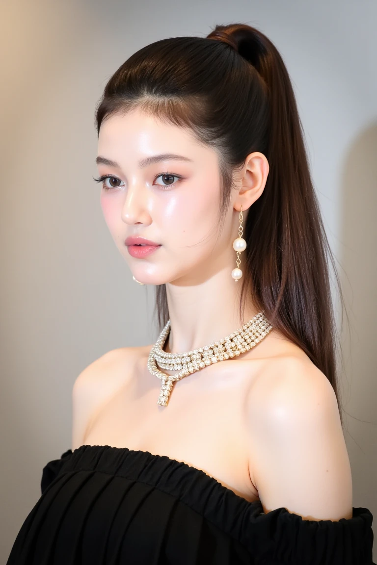 The image is a photograph of a young Asian woman with a light skin tone, styled in a classic, elegant manner. She has long, straight, dark brown hair tied back in a sleek ponytail, revealing her delicate features. Her makeup is meticulously done, with soft pink lipstick, well-defined eyebrows, and subtle eye shadow that accentuates her almond-shaped eyes. She wears large, pearl drop earrings that dangle elegantly down to her shoulders, adding a touch of sophistication.
Around her neck, she has a multi-strand necklace made of small, sparkling stones, which catches the light and adds a glamorous effect. She is wearing a black, off-shoulder dress that has a ruffled texture, giving her outfit a soft, feminine look. The background is a neutral, muted color, possibly a light gray or beige wall, which contrasts with her dark dress and highlights her light complexion.
The lighting in the photograph is soft and warm, casting gentle shadows that enhance her facial features and the textures of her jewelry and dress. The overall mood of the image is elegant and poised, capturing a moment of refined beauty and grace.<lora:Tissue_Danielle_Flux_v1.1-LowRep:1>