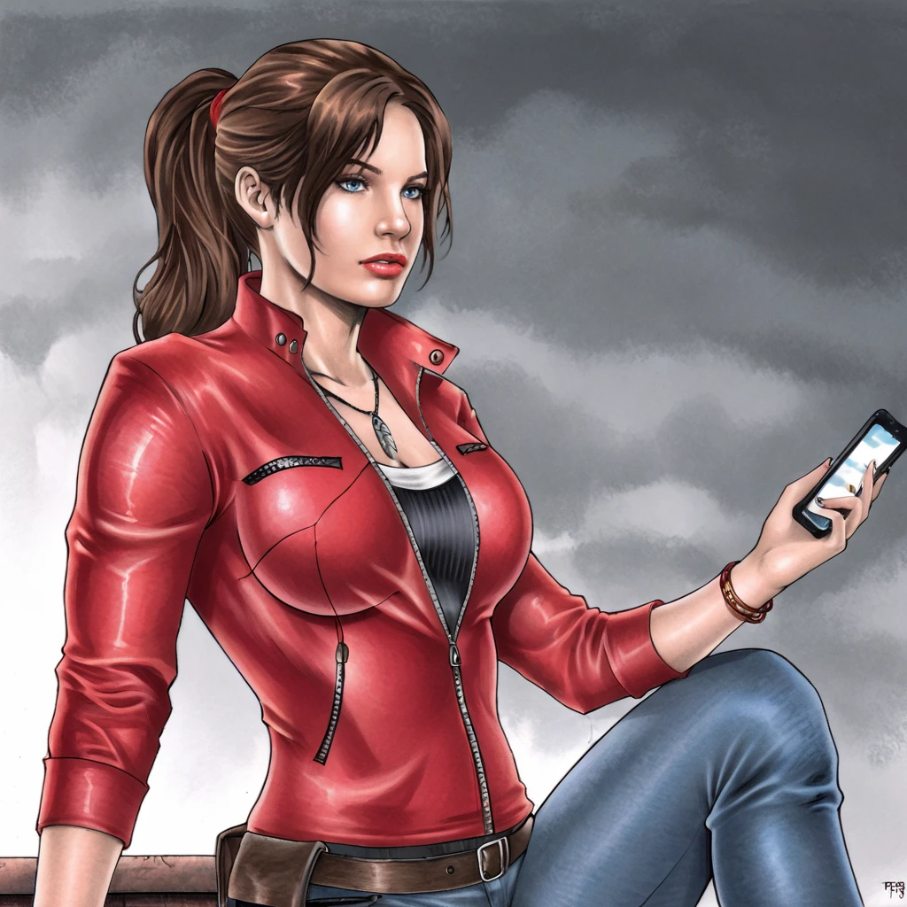 <lora:medsonlima_pony_v1:1> score_9, medsonlima_style, medsonlima, source_artwork, traditional media <lora:clairere2remake_pony_v1:.8> ClaireResidentEvil2Remake, 1girl, large breasts, denim, brown hair, belt, jewelry, red jacket, jeans, pants, ponytail, necklace, long hair, blue eyes, zipper, holster, cowboy shot