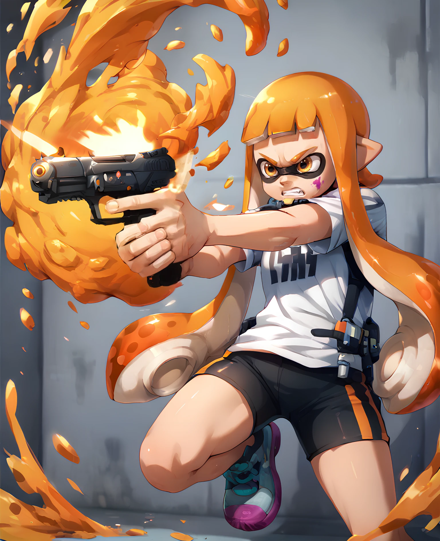 fn five-seven, five-seven, gun, pistol, firing, <lora:FN Five-seveN:1>  1girl, inkling girl, shirt, splat shorts, splattershot (splatoon),  paint splatter, <lora:Inkling_Girl_from_Splatoon_Pony:1>, score_9, score_8_up, score_7_up, score_6_up, score_5_up, score_4_up,