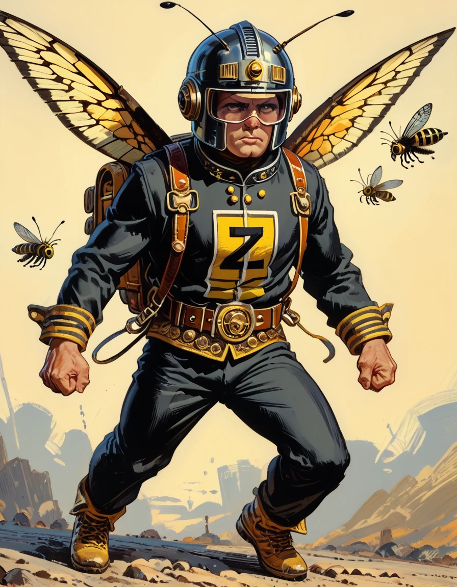 <lora:RetroHero:1> retrohero , heroic pose , full body  ,Bright yellow and black suit with bee-like wing patterns, retractable stingers on the wrists, a helmet with wide-angle vision, and a backpack with deployable wings for aerial maneuvers., score_9, score_8_up, score_7_up, masterpiece , detailed , well drawn,  clear