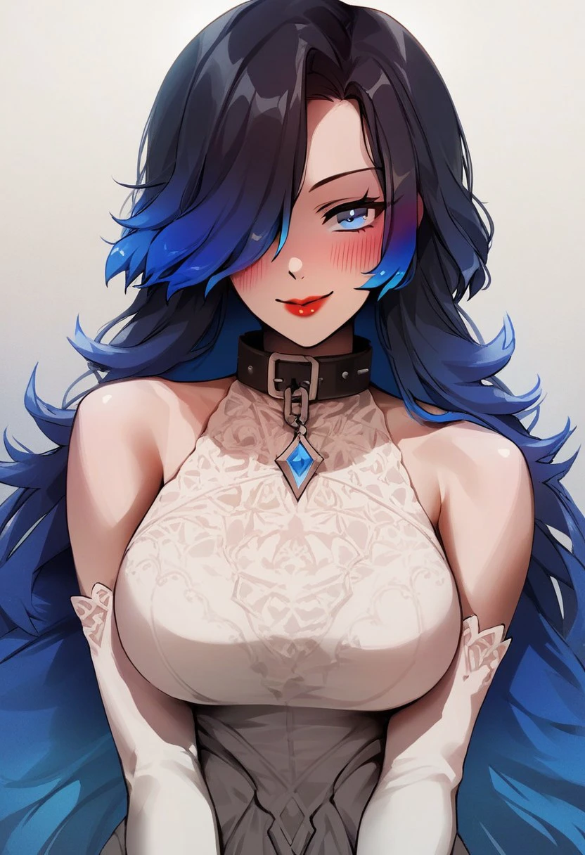 Best quality, high detailed, 8K quality, 4k resolution, stunning japanese girl, dark blue hair, necklace and piercing, gorgeous face, huge breast, curvy body, wearing Erotic Faux Fur Coat: Adds a touch of luxury and warmth, suitable for high-fashion business settings, playful expression, pose with both hands, random hairstyle