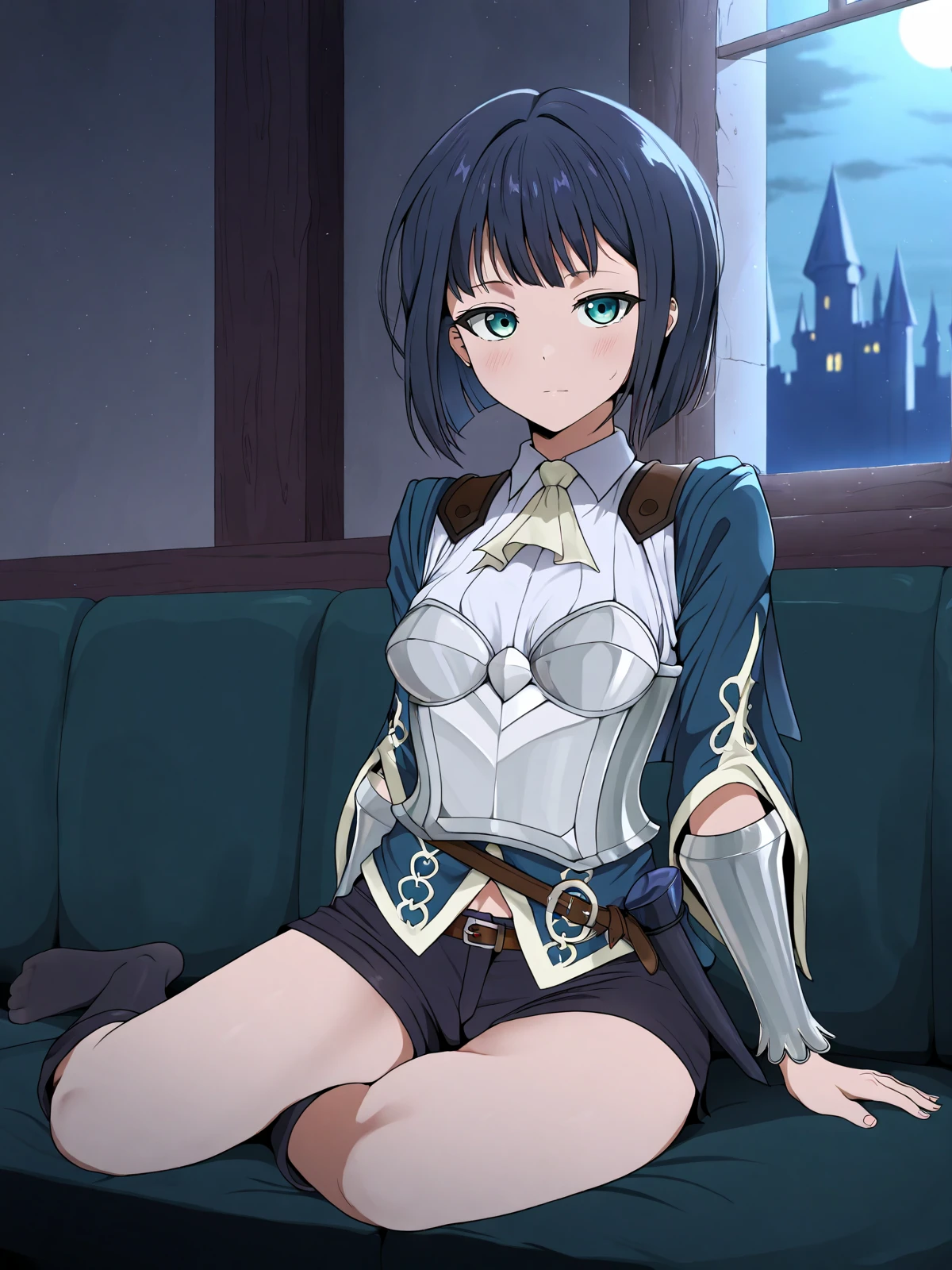 masterpiece, best quality, (coro fae, anime coloring:1.1)
BREAK
alexa \(epic seven\), black hair, short hair, green eyes, armor, breastplate, short shorts, vambraces, ascot, capelet, belt
BREAK
1girl, solo, sitting, on couch, yokozuwari, indoors, castle, window, moonlight, no shoes
<lora:alexa_nai-eps-sv_fro-0.98-16-16:1>