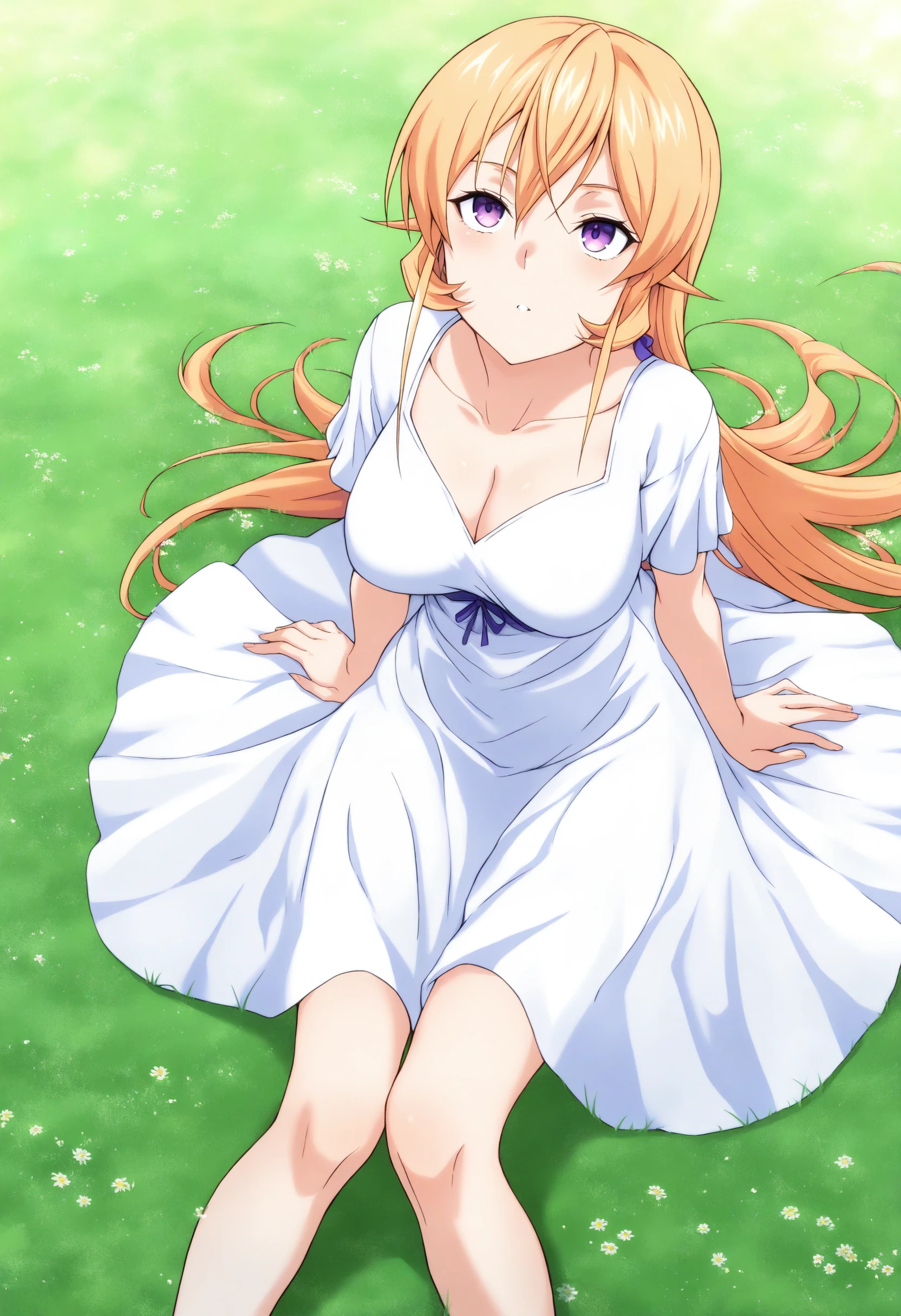 <lora:Erina Nakiri - [Food Wars] - illustriousXL v1:1>, sysdeep_erina, blonde hair, purple eyes,, bohemian dress, sitting, on the grass, looking up, day