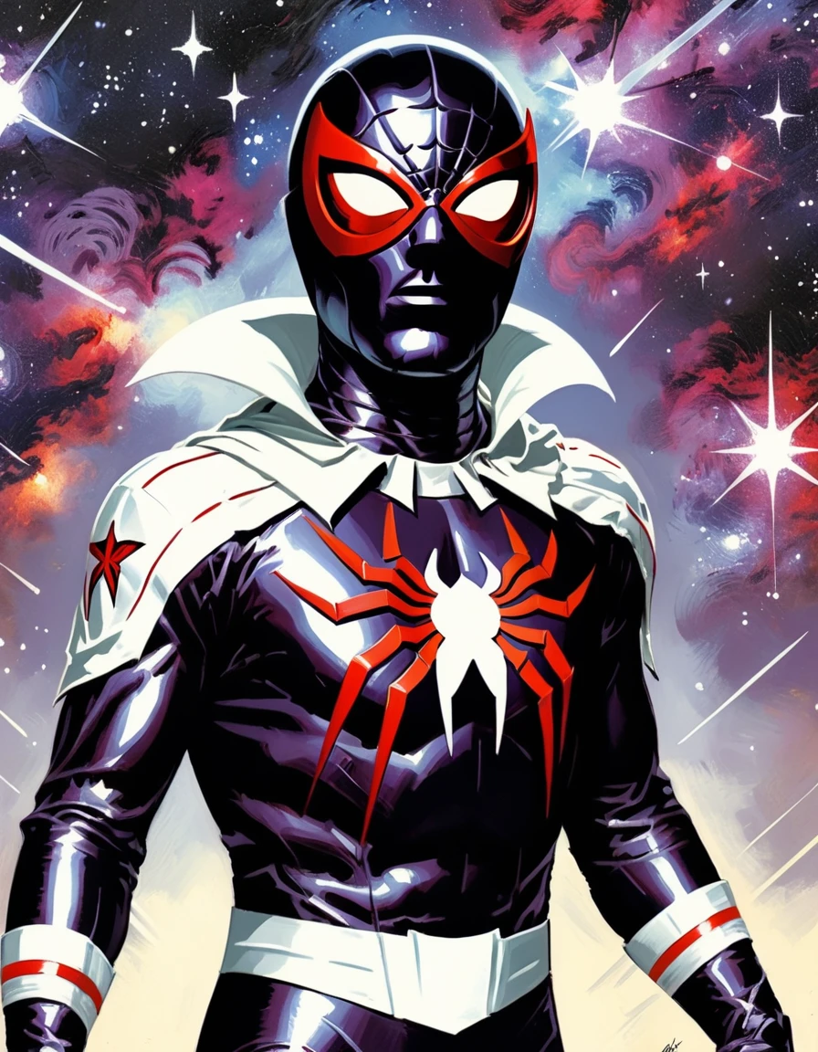 <lora:RetroHero:1> retrohero , classic comic book style ,  Spider Suit: Black with red spider emblem, adhesive material on hands and feet, and retractable visor.  Short White Cape with Red Interior Shuttered Mask: Mask with adjustable shutters or panels around the eyes, allowing for light control. Galaxy Star Emblem: A metallic silver star with a galaxy of tiny white stars in the background on a dark purple circle. Teenage girl