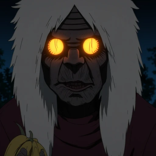 Digital illustration in Dandadananimestyle style featuring TurbogrannyDandadan an elder woman with glowing yellow eyes and wrinkly face holding banana in her hand