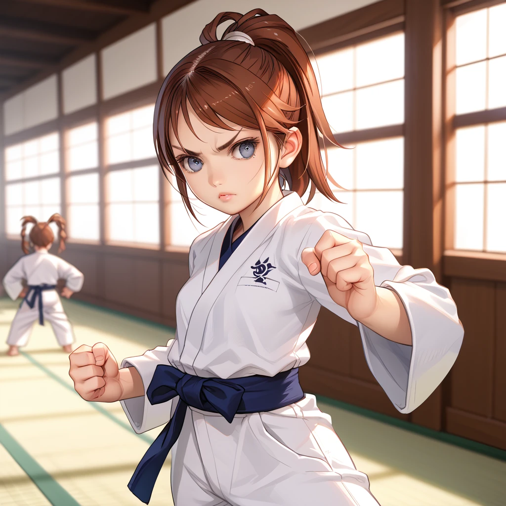 uncensored, score_9, score_8_up, score_7_up, score_6_up, score_5_up, score_4_up, 1girl, small breasts, a determined woman karate instructor in a dojo training fiercely for an upcoming match, traditional karate gi, dynamic pose, high detail, dramatic lighting, showcasing her strength and focus, cinematic composition, digital art, by Artgerm and Ilya Kuvshinov, 4k resolution, masterpiece,
<lora:StellaComposite_NotARealPerson_v2.0_PDXL:0.8> stellacomposite, realistic, lips, auburn hair, ponytail hair style, Crystal Clear colored eyes,,