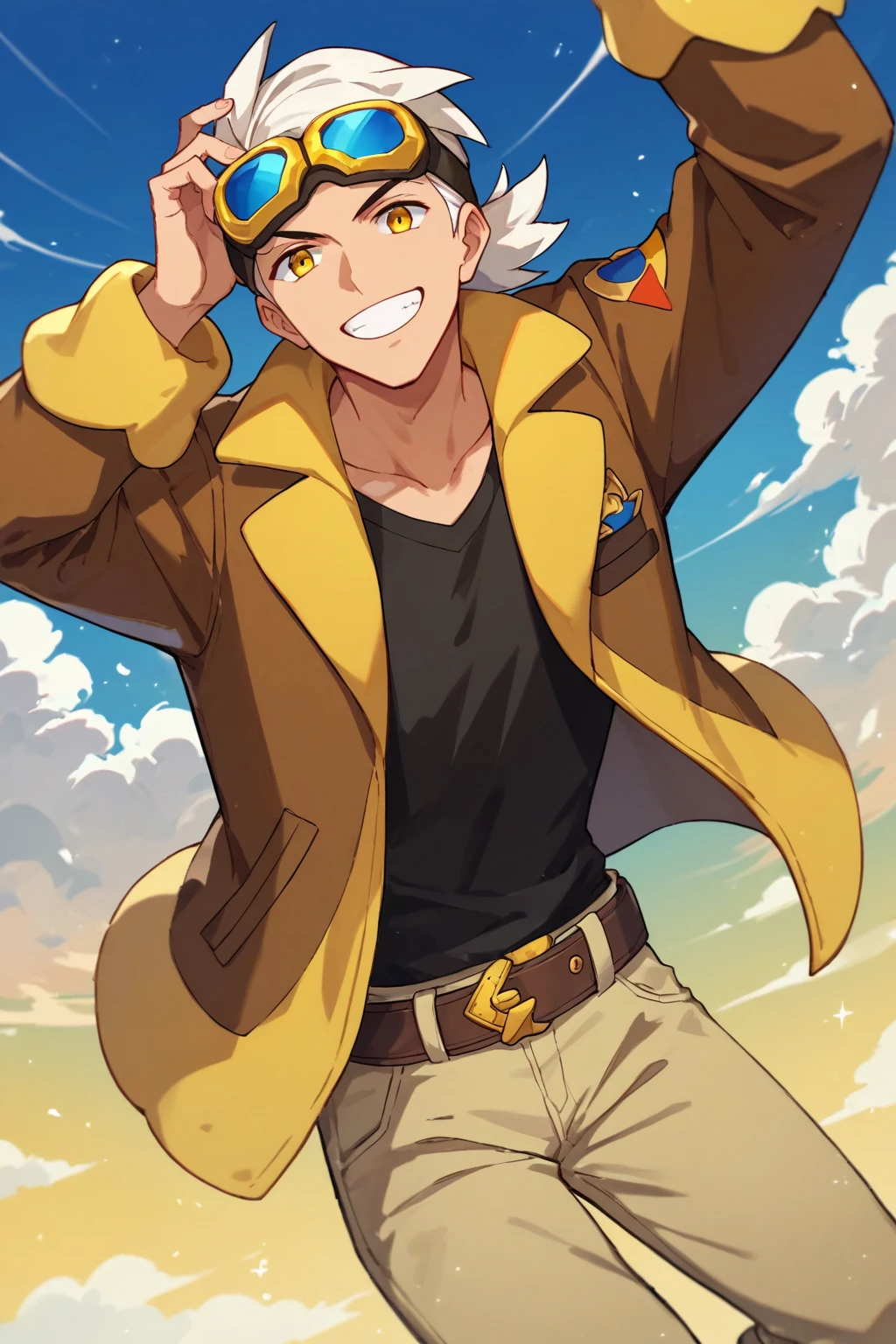 (score_9, score_8_up:1.1), score_7_up, high res image,masterpiece, professorfriede, 1boy, solo, white hair, goggles, yellow eyes, brown jacket, short jacket, yellow accents, black shirt, belt, beige pants, smile, cloud, sky, in the air