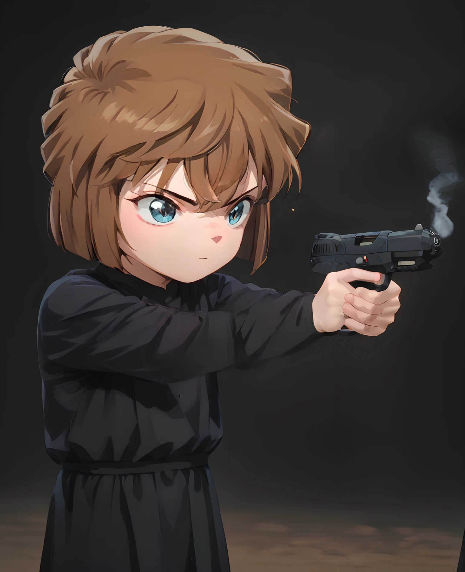 smoke, fn five-seven, five-seven, gun, pistol, <lora:FN Five-seveN:1>  1girl, dark background, brown hair, bangs,  black dress, long sleeves, <lora:AiHaibaraDCXL:1>, score_9, score_8_up, score_7_up, score_6_up, score_5_up, score_4_up,