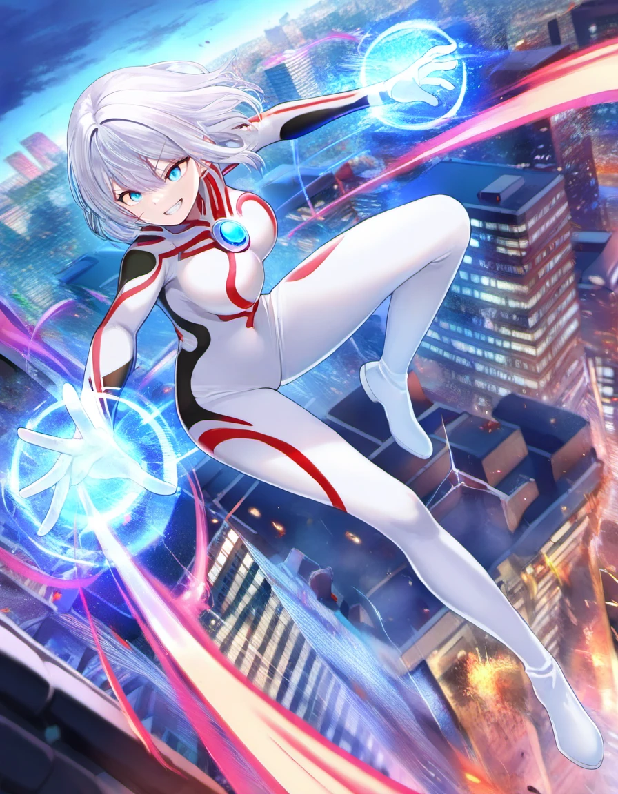 1girl, solo, full body, dynamic pose,
ultragirl, white bodysuit with red and black intricate patterns, blue gem on chest, fighting stance, energy ball around hand, doyagao, battle, attacking, grin, energy, 
masterpiece, best quality, very aesthetic, novel illustration, cityscape, detailed building, detailed background,
<lora:Ultragirl-ILXL-2:0.7>