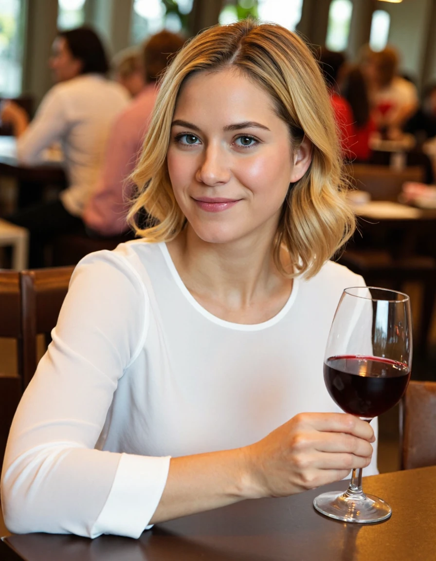 The image shows a woman sitting at a table in a restaurant. She is holding a glass of red wine in her hand and is looking directly at the camera with a slight smile on her face. She has blonde hair styled in loose curls and is wearing a white blouse. The background is blurred, but it appears to be a busy restaurant with other people sitting at tables and chairs. The overall mood of the image is relaxed and casual.