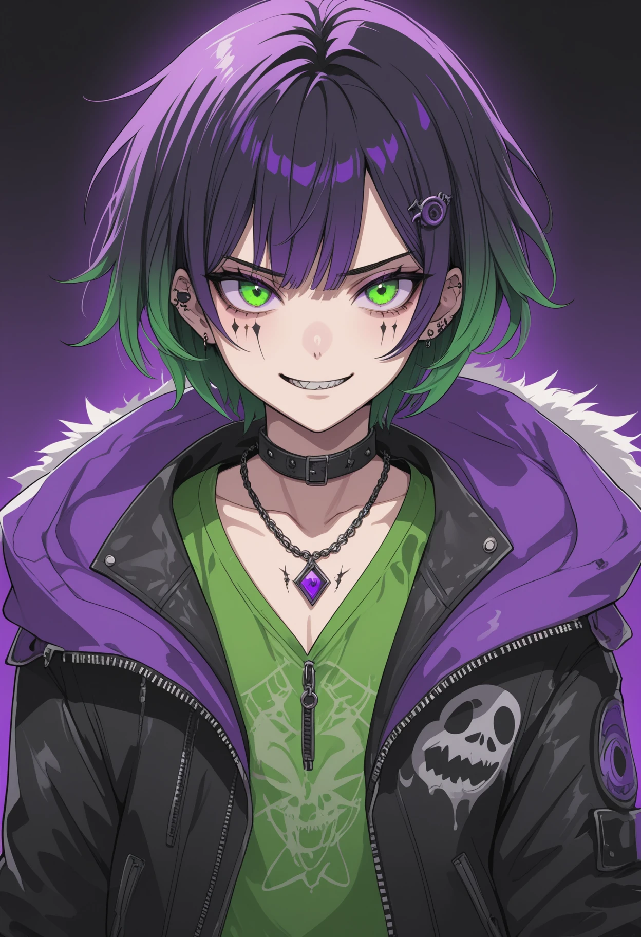 1boy, male_focus, solo, heterochromia, purple_eyes, green_eyes, gradient_hair, multicolored_hair, black_hair, purple_hair, green_hair, dirty_face, scars, short_hair, fluffy_hair, jewelry, open_clothes, jacket, necklace, open_jacket, black_jacket, shirt, crop_top, tattoo, pendant, leather, leather_jacket, looking_at_viewer, wide_grin, open_mouth, :D, magic, poltergeist_vibes, horror_vibes, ghost_vibes, cinematic_angle, cinematic_lighting, detailed_design, intricate_design, elaborate_design, highly_detailed, detailed_vector_art , masterpiece, very aesthetic