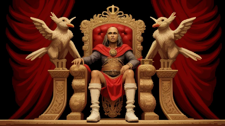 masterpiece, best quality, pixel art, low contrast, King sits on a throne, jesters, amiga