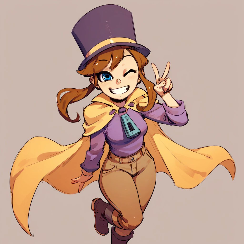 score_9, score_8_up, score_7_up, hatLady, brown hair, ponytail, blue eyes, yellow cape, top hat, purple shirt, brown pants, boots, smile, looking at viewer, solo, 1girl, happy, v sign, wink, simple background