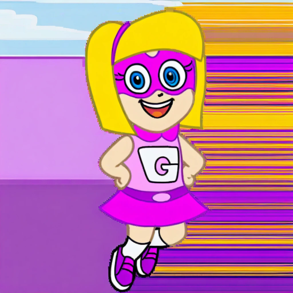 flying, sky, clouds, blonde hair, blue eyes, purple hairband, purple mask, purple tanktop, white G (symbol), purple skirt, purple shoes, white socks, looking at viewer, happy, smile, open mouth, upper teeth
