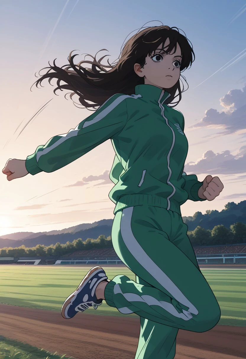 score_9_up, score_8_up, score_7_up, score_6_up, BREAK Fuj1noLB, 1girl, black hair, long hair, black eyes, track suit, track jacket, track pants, flying kick, daytime, exterior, field, movement lines, bright lighting, facing viewer, beautiful background, beautiful art, detailed background