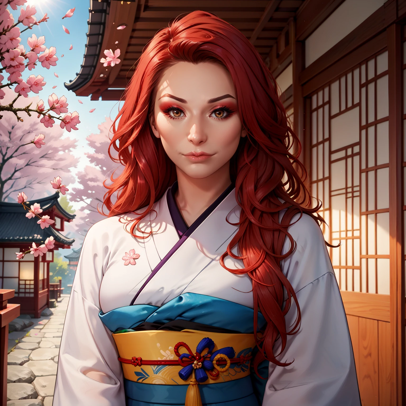 rating_safe, score_9, score_8_up, score_7_up, score_6_up, score_5_up, score_4_up, highres, incredibly absurdres, highly detailed, dim lighting, closed mouth, cherry blossoms, outdoors, 1girl, solo, BREAK
cahainiesl, red hair, long hair, brown eyes, looking at viewer, kimono, long sleeves, makeup, jewelry, <lora:Chanel_Santini_r1:0.6>