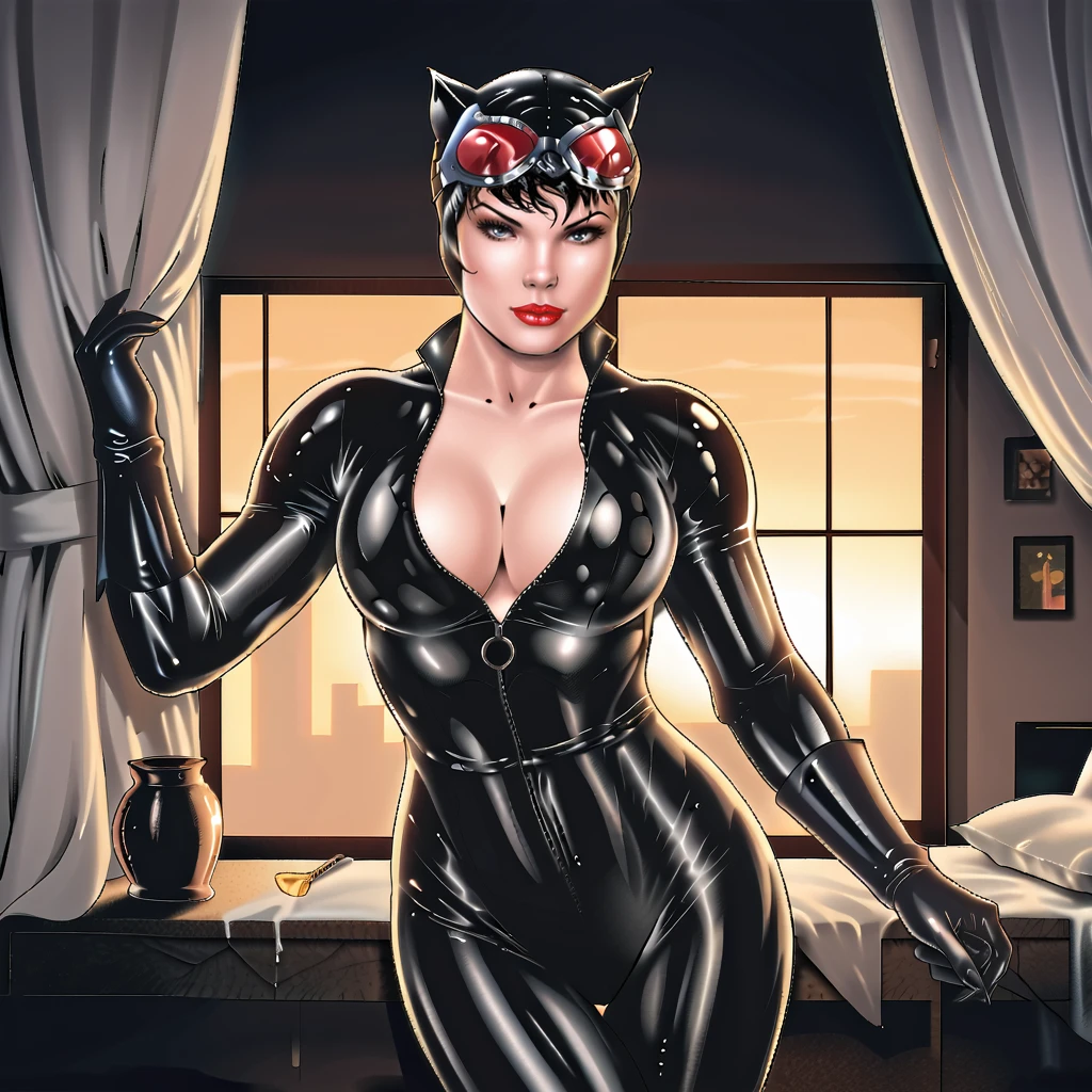 <lora:medsonlima_pony_v1:1> score_9, medsonlima_style, medsonlima, source_artwork, traditional media <lora:catwomandccomics_pony_v1:0.9> catwoman, 1girl, medium breasts, black bodysuit, cleavage, black hair, goggles on head, animal ears, short hair, cowboy shot
