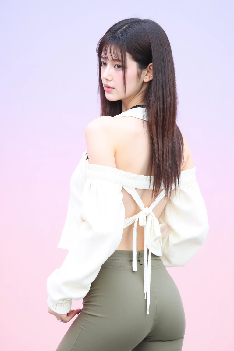 This is a photograph of an Asian woman posing against a gradient background that transitions from soft pink at the bottom to pale lavender at the top. She has a slender physique and fair skin. Her hair is dark brown, straight, and parted in the middle, styled into a sleek, low ponytail with bangs framing her face. She is wearing a white, long-sleeved, textured blouse with a high collar and exposed back, which is slightly oversized, giving a casual yet elegant look. The blouse features a minimalist, abstract design on the back, resembling a stylized letter "L" or "X". She pairs this with high-waisted, olive-green pants that fit snugly, accentuating her slim figure. The lighting is soft and even, highlighting her delicate facial features and smooth complexion. The overall mood of the photograph is clean and modern, with a touch of subtle elegance.<lora:Tissue_Danielle_Flux_v1.1-LowRep:1>