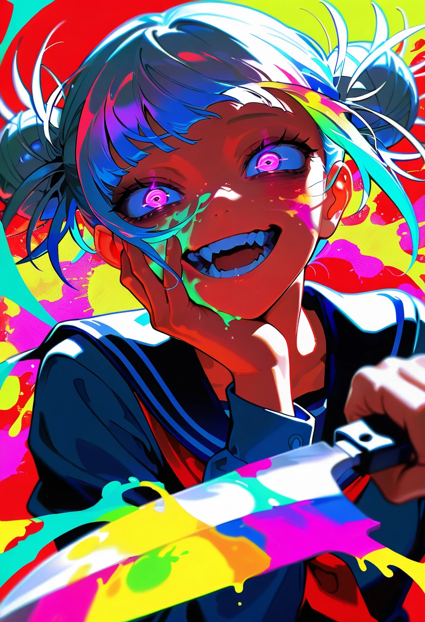 masterpiece, best quality, amazing quality, very aesthetic, absurdres,  newest, scenery,, 1girl, toga himiko, teeth, open mouth, blood on face, smile, double bun, crazy eyes, holding knife, hand on own cheek, upper body, school uniform, red background, backlighting, from above,paint splatter, glowing eyes, motion blur, , close-up, (dutch angle), ((colorful)), photorealistic, , masterpiece, best quality, amazing quality, very aesthetic, absurdres,  newest, scenery, volumetric lighting