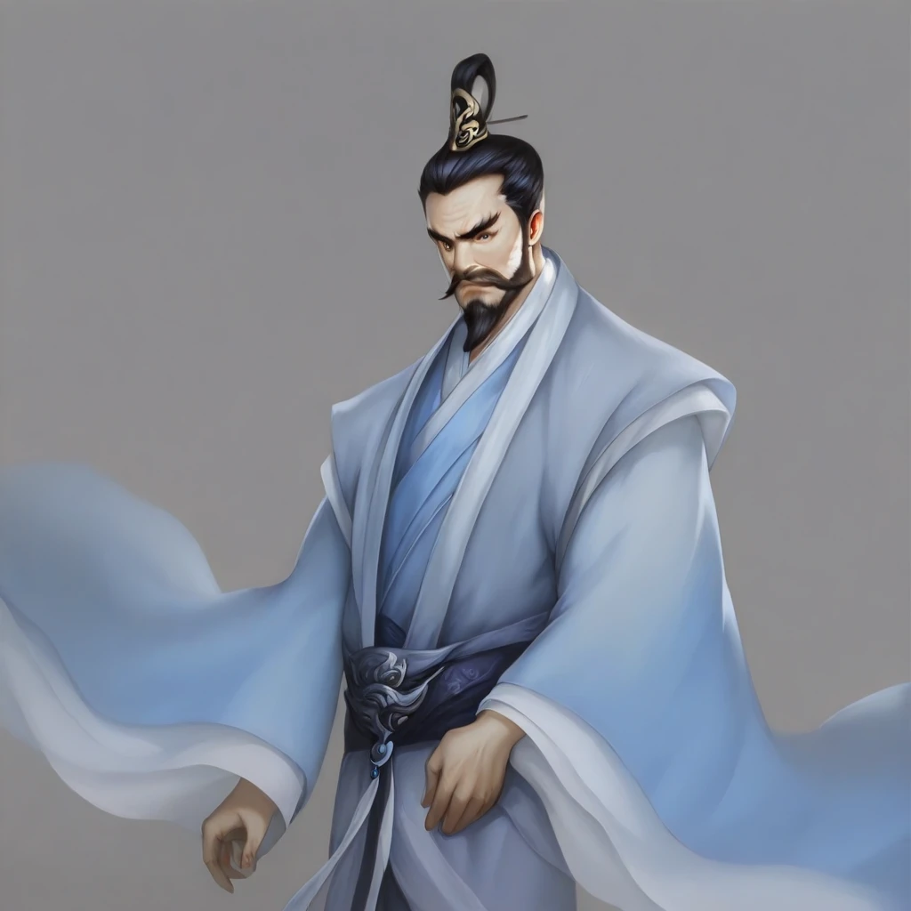 in style of s1n0, rating:safe, facial hair, beard, hanfu, solo, grey background, mustache, old, male focus, wide sleeves, old man, topknot, robe, long sleeves, 1boy, standing, closed mouth, nose, black hair, wrinkled skin