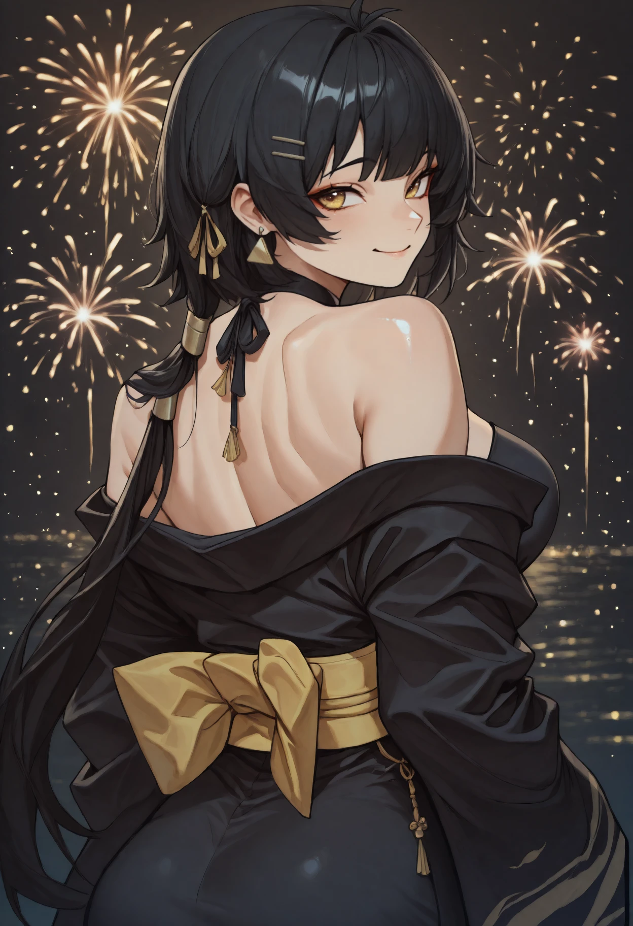 anime, masterpiece, best quality, <break> from behind, solo, 1girl, femr0ver, smile, looking back, long hair, black hair, hair ornament, hairclip, yellow eyes, japanese clothes, black kimono, off shoulder, yellow sash, obi, triangle earrings, bare shoulders, fireworks
<segment:yolo-face_yolov8m.pt,0.4,0.5//cid=1>