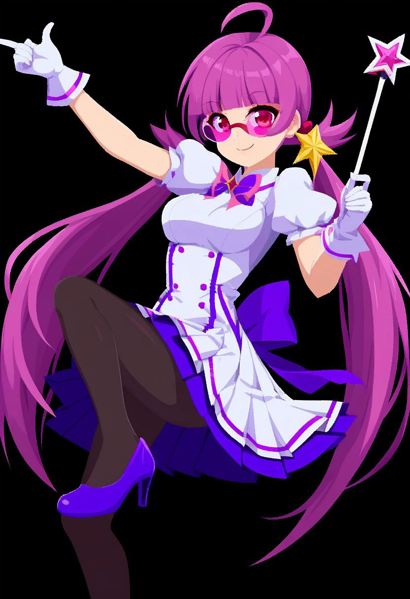 characterpic, 1girl, solo, long hair, looking at viewer, smile, skirt, simple background, red eyes, gloves, dress, holding, twintails, medium breasts, very long hair, closed mouth, purple hair, ahoge, short sleeves, pantyhose, pleated skirt, puffy sleeves, white gloves, blunt bangs, pink eyes, white dress, high heels, puffy short sleeves, black pantyhose, leg up, black background, wand, purple footwear, tinted eyewear, holding wand, pink-tinted eyewear