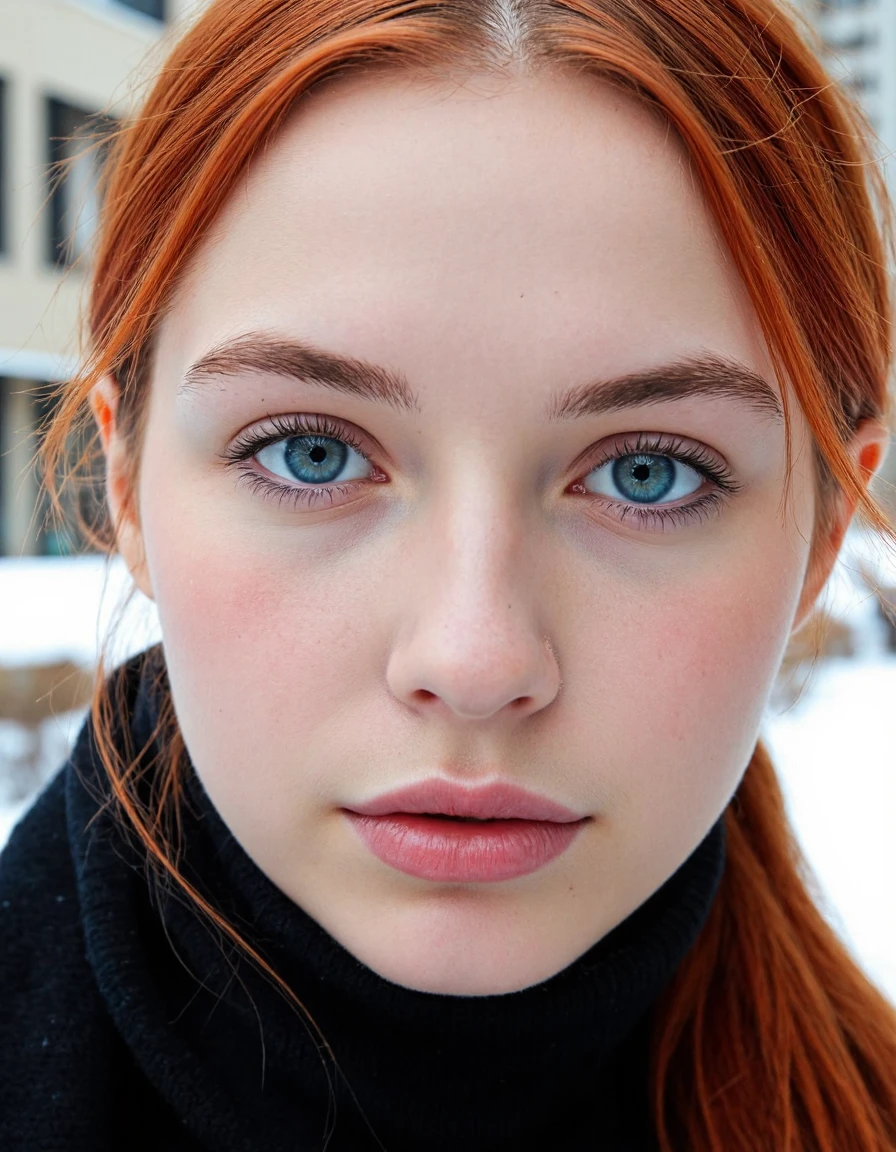 extremely detailed face, skin, hair, and eyes, photograph, winter cityscape, wide shot of a young woman with striking red hair and blue eyes, Hopeless, High Shutter Speed, Canon RF, F/8, by Thomas Saliot