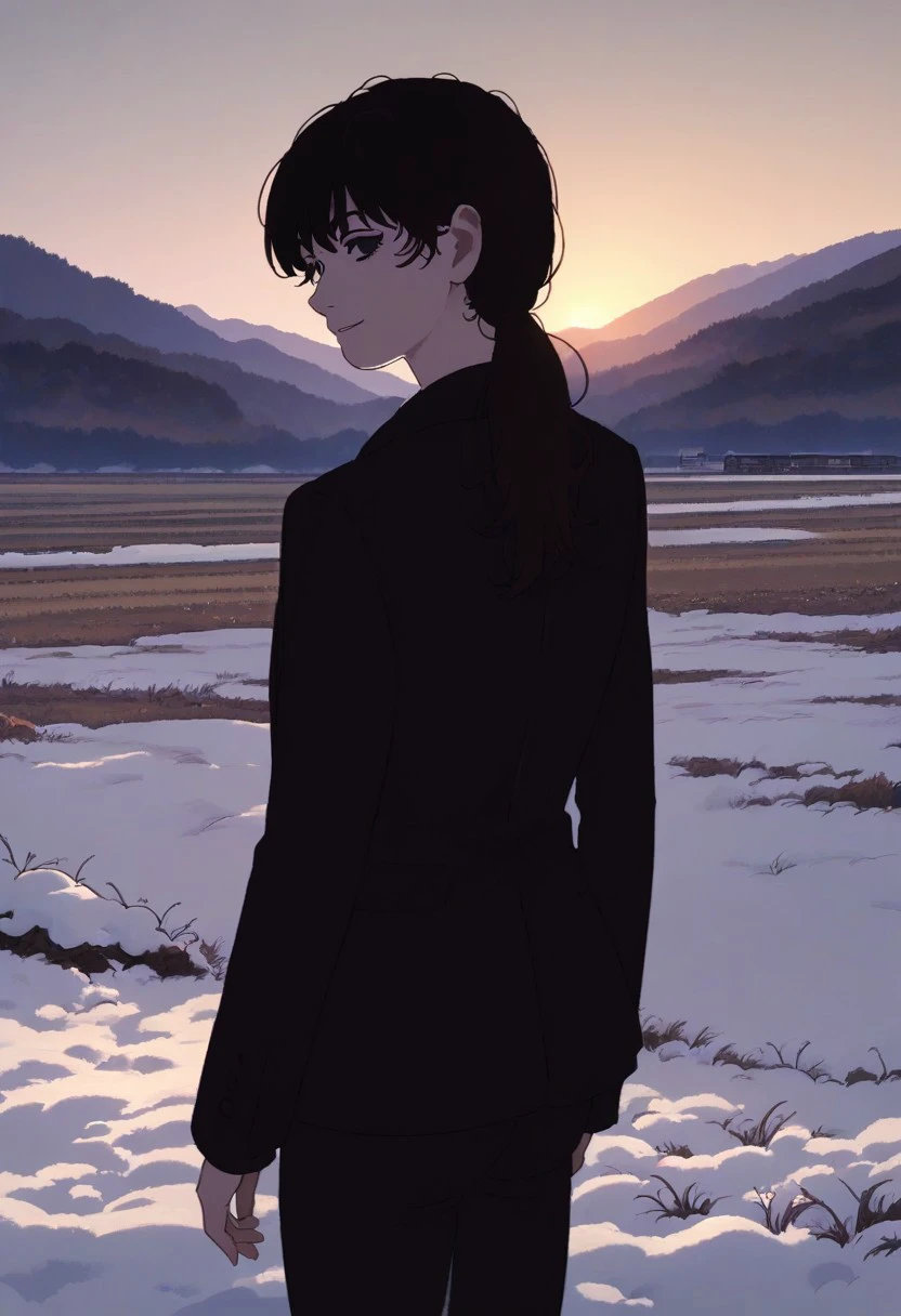 score_9_up, score_8_up, score_7_up, score_6_up, BREAK Fuj1noLB, 1girl, black hair, long hair, black eyes, ponytail, bangs, formal, suit, black jacket, black shirt, black pants, daytime, rural, countryside, snow, heavy snow, looking back over shoulder, bright lighting, looking at viewer, smile, beautiful background, beautiful art, detailed background