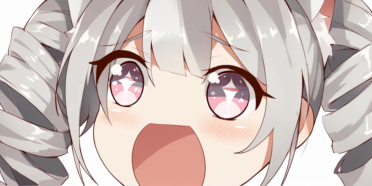 score_9, score_8_up, score_7_up, 1girl, solo,
simple background,
SparklyFleetGirls, symbol-shaped pupils,  open mouth
<lora:ChamShiroToFPonyXL:0.8> ShiroToF, multicolored eyes, grey hair, twintails, twin drills, 
<lora:SparklyFleetGirlsPony:1>