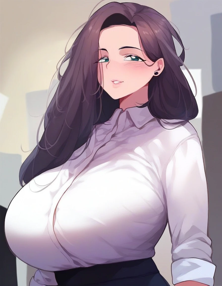 score_9, score_8_up, score_7_up, score_6_up, score_5_up, score_4_up,  <lora:Sunbae_from_Doki-Doki_Connection:1> sunbae, huge breasts, cowboy shot, mini skirt, office attire, 2d illustration, rating_questionable