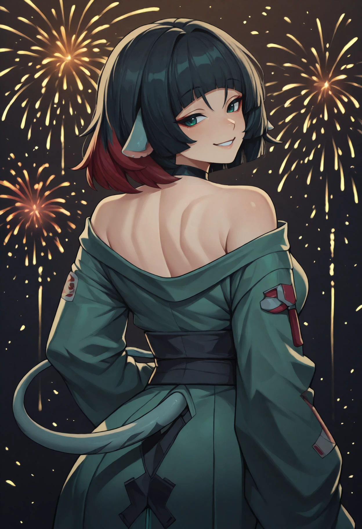 anime, masterpiece, best quality, <break> from behind, solo, 1girl, j4ne d0e, tail, smile, looking back, two-tone hair, black hair, red hair, blunt bangs, animal ears, green eyes, japanese clothes, green kimono, off shoulder, black sash, bare shoulders, fireworks
<segment:yolo-face_yolov8m.pt,0.4,0.5//cid=1>