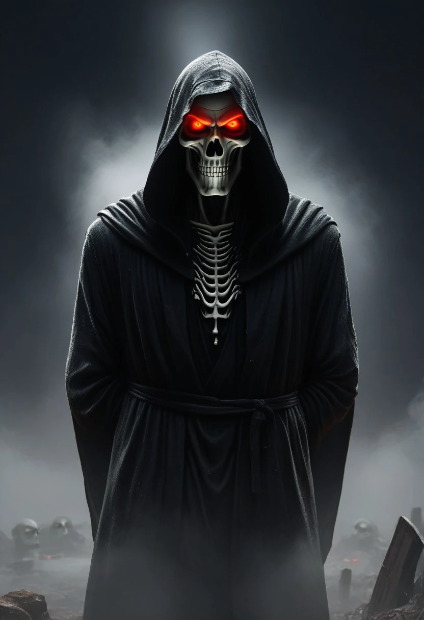 score_9, score_8_up, score_7_up, 
BREAK,
1boy,  (Grim Reaper), (red glowing eyes), (skull face), 
Break, 
Wearing black hooded robe, old tattered robe, 
Break, 
Standing in old cemetery, (hands behind back), 
Break, 
Looking at viewer, (front view), 
Break,
(Detailed grave yard background:1.6), (black sky:1.5), (tombstones in background:1.3), (old dead forest in background:1.3), (fog:1.3), 
Break, 
(Masterpiece), (painstakingly detailed), (8KHD),