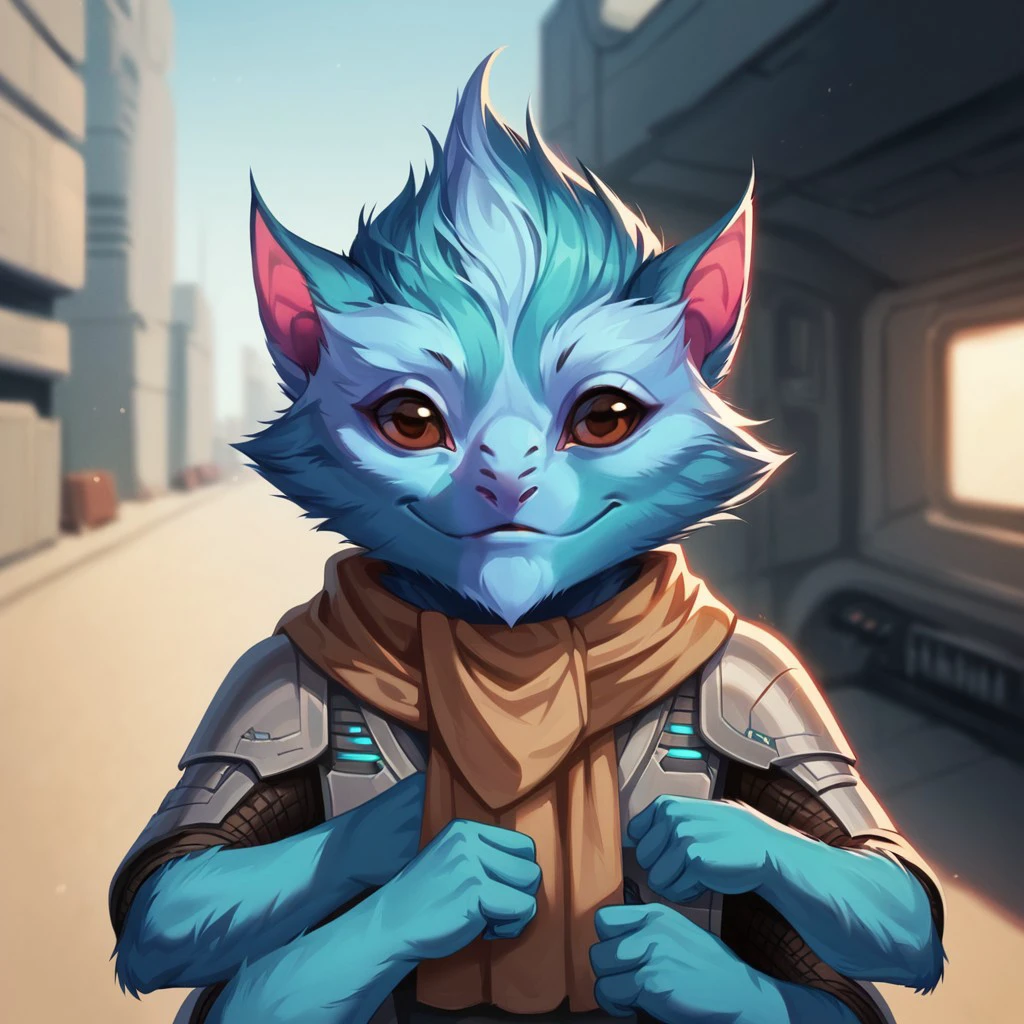 (((detailed, beautiful, high quality))), score_9, score_8_up, score_7_up, upper body, 
skittermander, 6 arms, furry, big eyes, short stature,
1 male, blue fur, brown eyes, brown scarf,
looking at the viewer, posing, 
spaceship scenery, sci-fi background, blurred background, fantasy background,