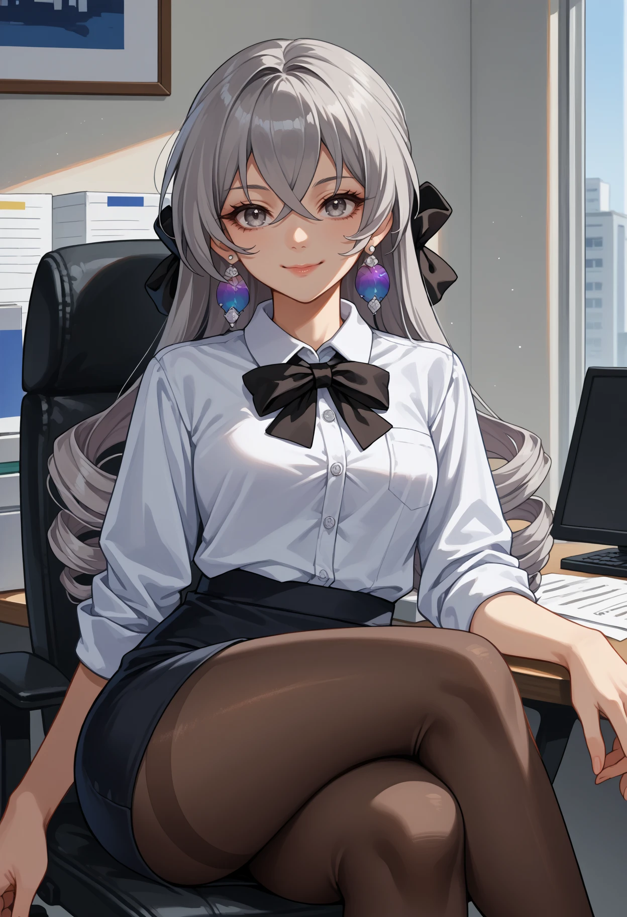 score_9, score_8_up, source_anime, 1girl, solo, BronyaRand, grey eyes, grey hair, long hair, drill hair, hair bow, black bow, earrings, indoors, office lady, office chair, sitting, crossed legs, miniskirt, black pantyhose, dress shirt, smile, <lora:ChamBronyaRandPonyXL:1>