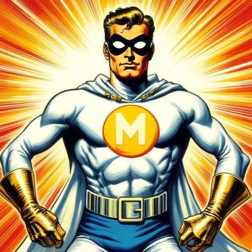 This is a digitally rendered illustration in a vibrant, stylized comic book style. The central figure is a muscular, heroic male superhero, depicted in a dynamic pose with his arms outstretched, radiating a sense of power and determination. He wears a form-fitting white suit with a bright yellow "M" emblem on his chest. The suit is adorned with a blue belt around his waist, and his face is partially obscured by a white mask. His eyes are visible, and he has a confident, determined expression and He wears a black mask with a white eye area, emphasizing his intense gaze. His costume is adorned with a high collar and a silver belt with a rectangular buckle. He has a muscular build and is depicted with a confident, determined expression. His costume is complemented by silver gloves that extend to his elbows.