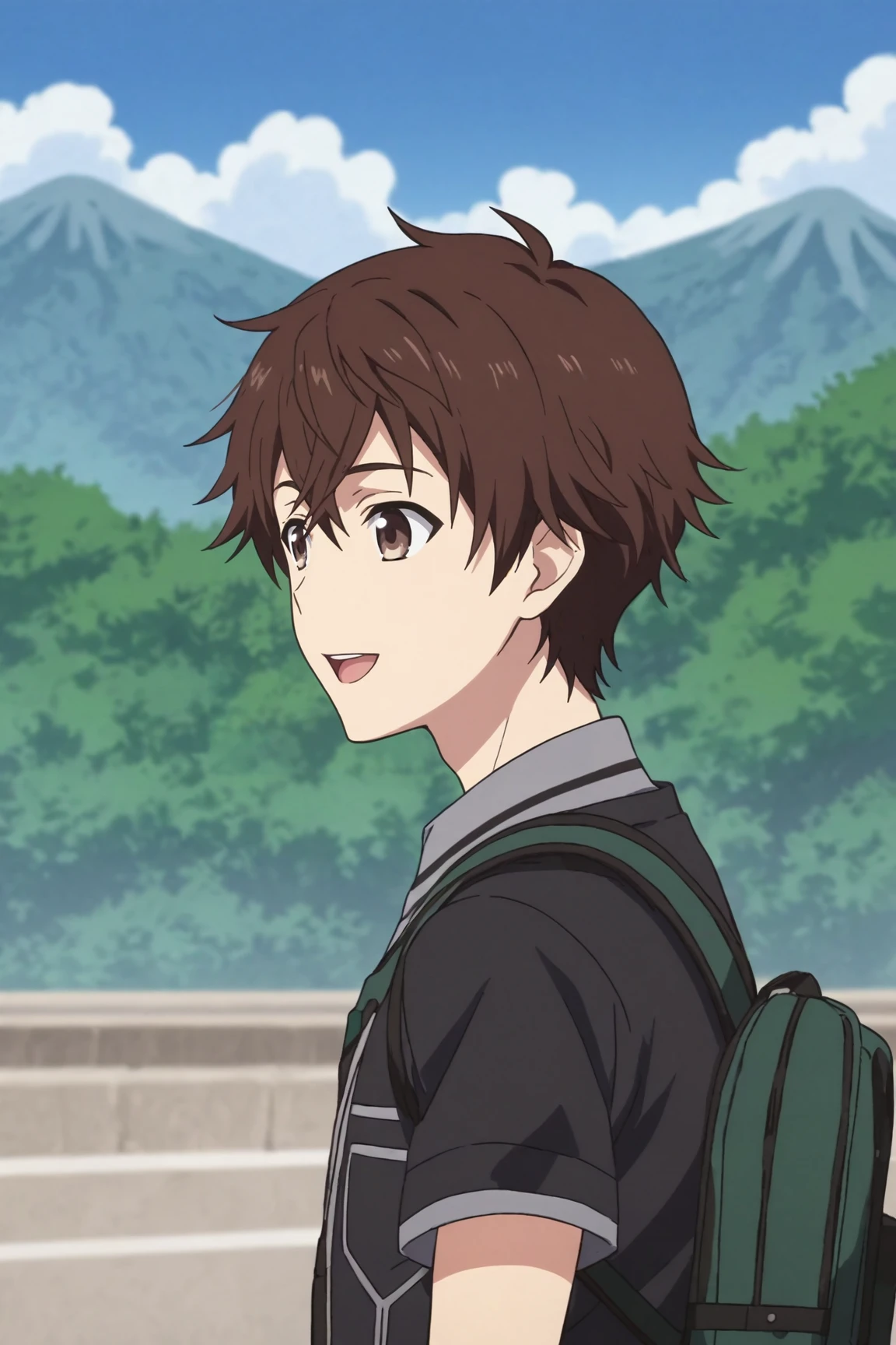 score_9, score_8_up, score_7_up,score_6_up,score_5_up,score_4_up,source_anime,BREAK, rating_safe, intricate details, , anime screencap, anime coloring, official style, depth of field,1boy, solo, male focus,<lora:Atsuhiro_Maeda:0.92>,atsuhiro maeda,brown hair,brown eyes,hair between eyes,short hair,bangs,smile, open mouth, shirt, holding, jacket, upper body, short sleeves, outdoors, sky, day, bag, black jacket, blue sky, backpack, grey shirt, mountain,side views,looking from the side, , , , <lora:sdxl_lightning_8step_lora_315544:1>