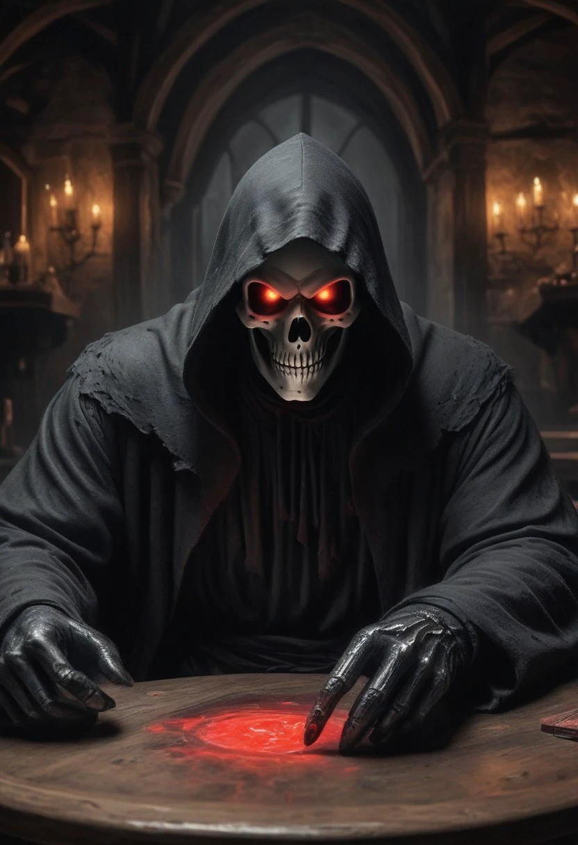 masterpiece, best quality, ultra-detailed, very aesthetic, perfect composition, intricate details, absurdres. 
BREAK,
1boy,  (Grim Reaper:1.5), (red glowing eyes), boney hands, (skull face), 
Break, 
Wearing black hooded robe, old tattered robe, 
Break, 
Sitting at table, 
Break, 
Looking at viewer, (front view:1.3), (head and chest focus), 
Break,
(Old tavern background), 
Break, 
(Fantasy, fairytale, dark moody, gloomy, dark picture, high contrast, stylized.), (painstakingly detailed), (realistic-photo),