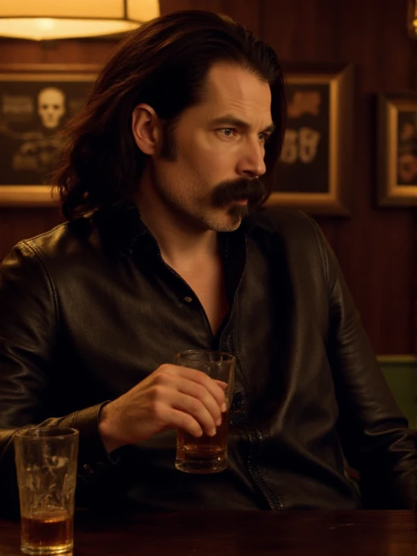 <lora:Doc_Holliday:0.9> doc holliday, facial hair, long hair. He is holding a beer in a pub