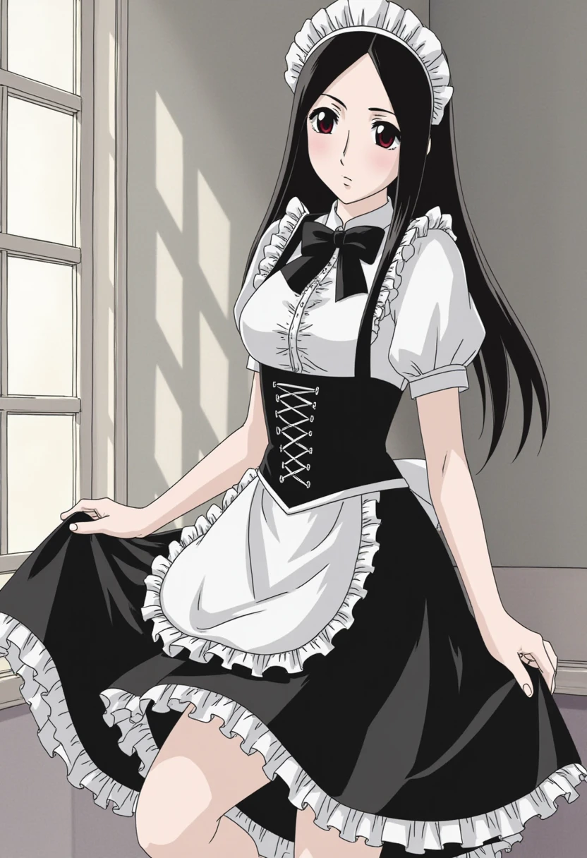 maid, maid headdress, front view, ((arms behind back)), fangs, vampire, solo, 1girl, indoors, blindfold, blindfolded, standing, rip van winkle, black hair, vanwinkle