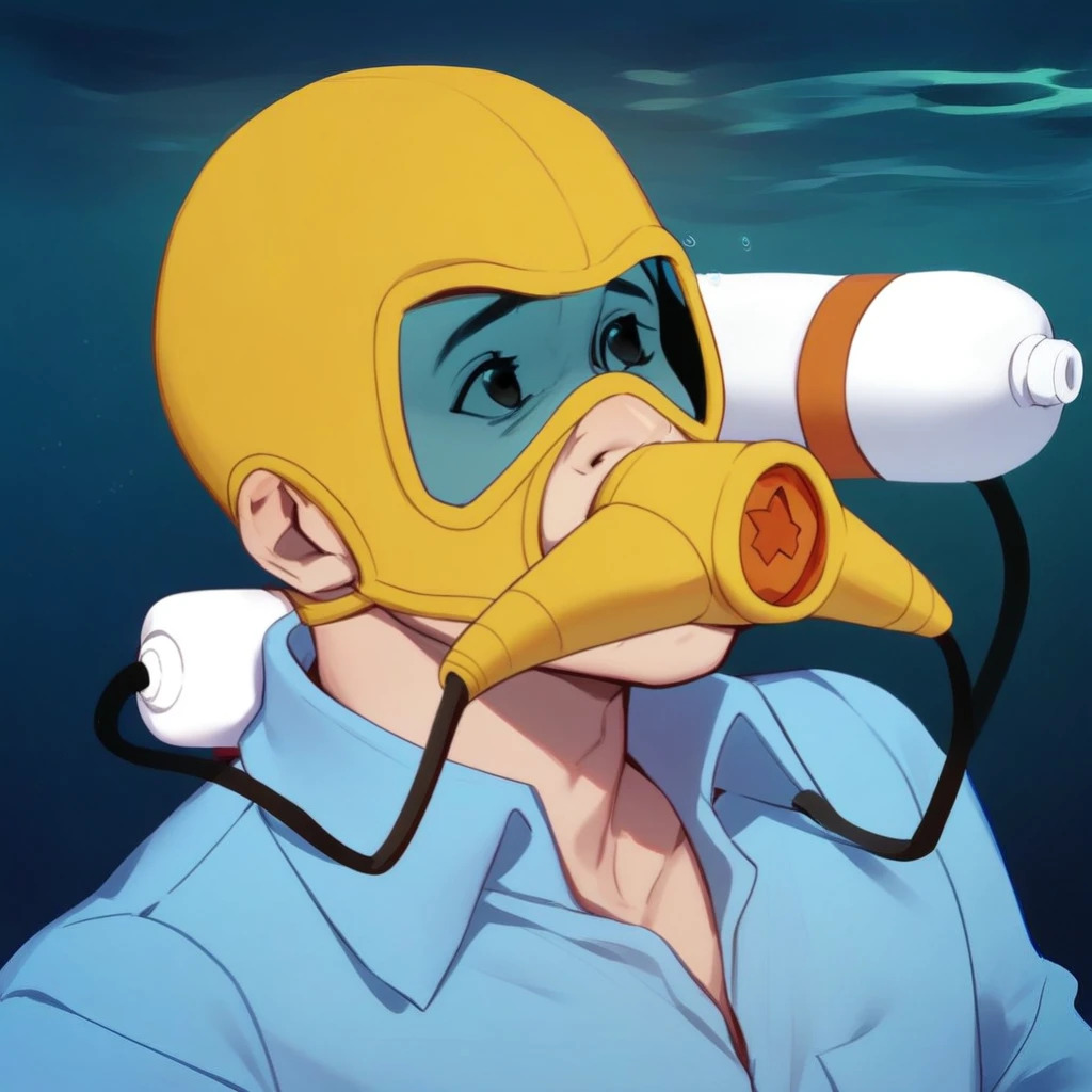 score_9, score_8_up, score_7_up, source_cartoon, yellow gb_rebreather, solo, shirt, 1boy, male focus, collared shirt, black eyes, blue shirt, portrait, blue-tinted eyewear, yellow headwear, black breathing tube, white oxygen tank, underwater, neck