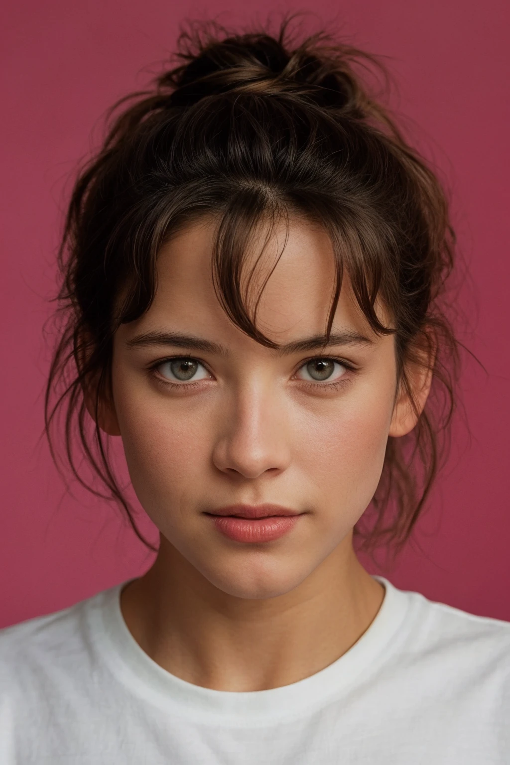 1girl, (hair updo), lips, looking at viewer, makeup, pink background, solo, standing, white tshirt, detailed skin texture, (blush:0.2), (goosebumps:0.3), subsurface scattering, RAW candid cinema, 16mm, color graded portra 400 film, remarkable color, ultra realistic, textured skin, remarkable detailed pupils, realistic dull skin noise, visible skin detail, skin fuzz, dry skin, shot with cinematic camera,  <lora:Sophie_Marceau:1>