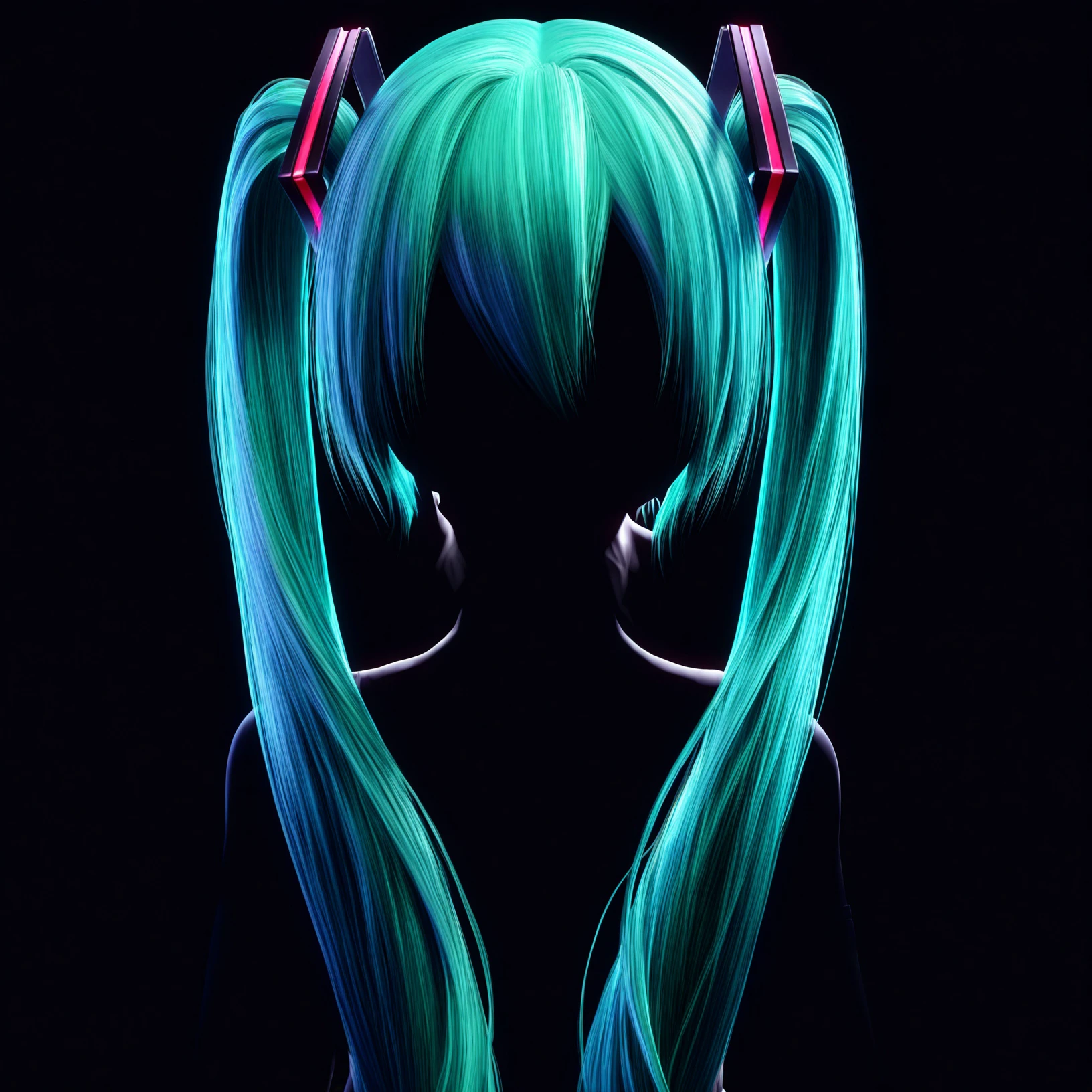 <lora:b3d-noob-vpred05:1>3d, 1girl, hatsune miku, detailed hair, solo, vocaloid, black background, silhouette